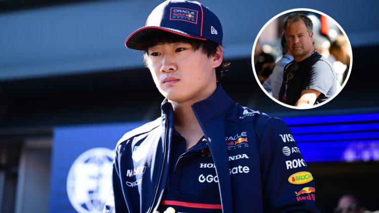 Yuki Tsunoda walking through the F1 pit lane with Ted Kravitz in the F1 paddock in the overlay image