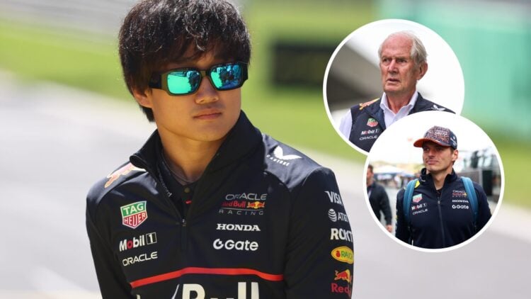 Yuki Tsunoda walking through the F1 paddock wearing Red Bull team gear, with Helmut Marko and Max Verstappen also walking through the F1 paddock in...