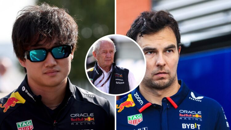 Red Bull driver Yuki Tsunoda (left) at the 2025 Italian Grand Prix, Sergio Perez (right) at the Belgian Grand Prix, inset, Helmut Marko