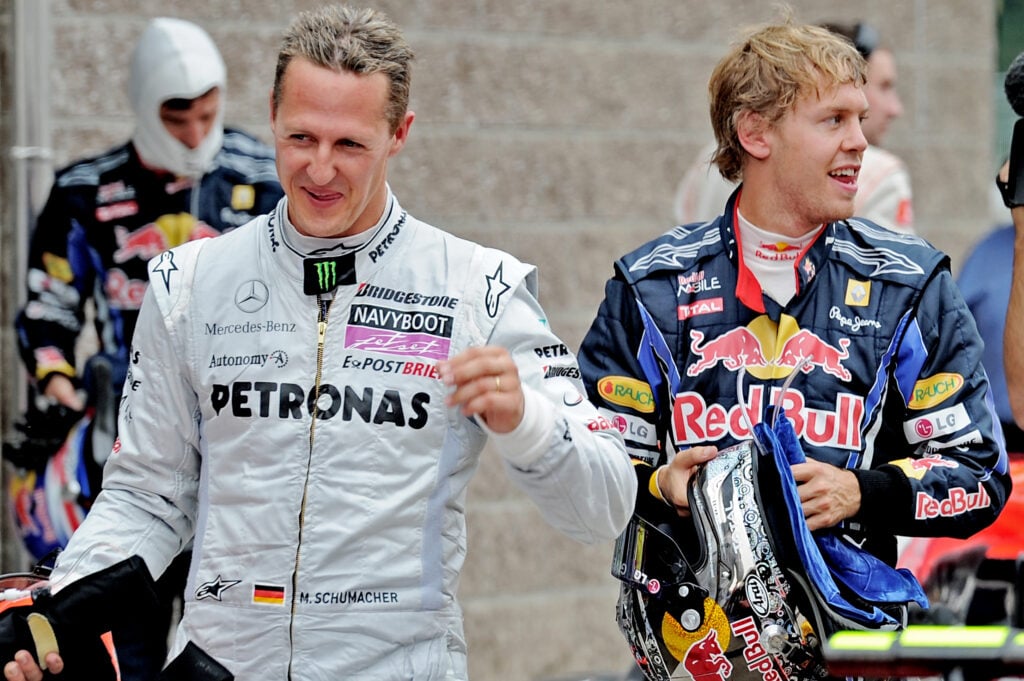 Mercedes driver Michael Schumacher and Red Bull driver Sebastian Vettel together at the 2010 Formula 1 South Korean Grand Prix