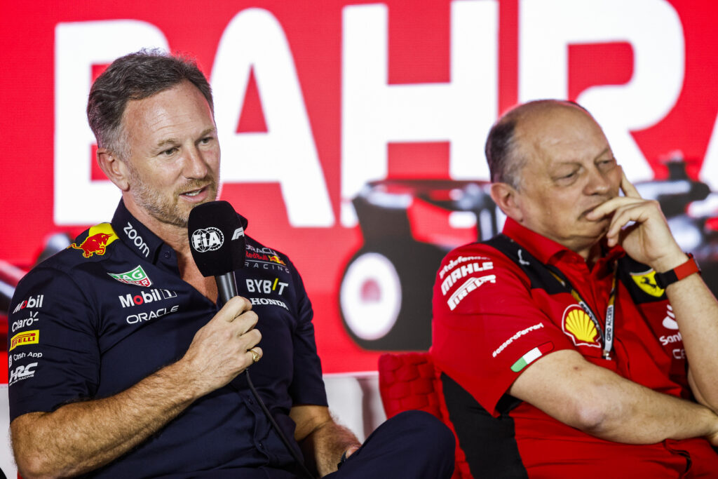Christian Horner and Fred Vasseur of Ferrari appear in an FIA press conference in 2023
