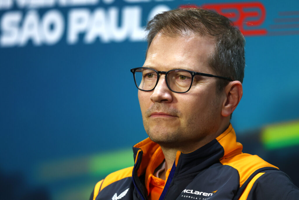 Andreas Seidl of McLaren in a press conference at the 2022 Sao Paolo Grand Prix