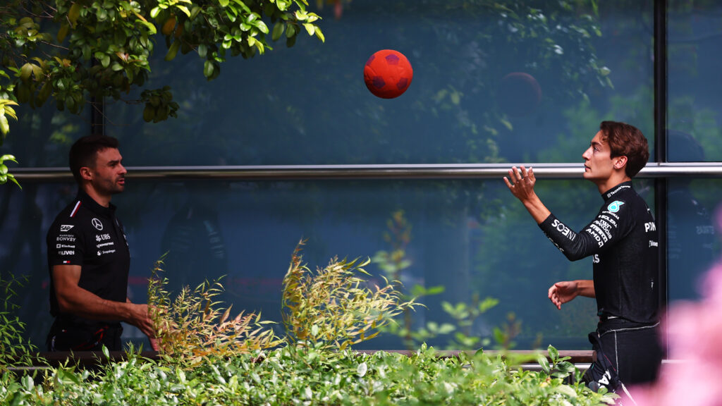 Mercedes driver George Russell training with a ball during the 2024 Formula 1 Chinese Grand Prix