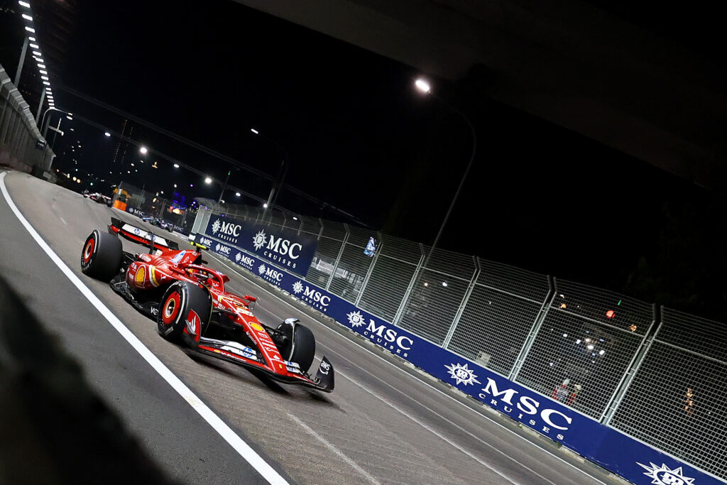 Carlos Sainz drives his Ferrari around the Marina Bay Street Circuit at the 2024 Singapore Grand Prix