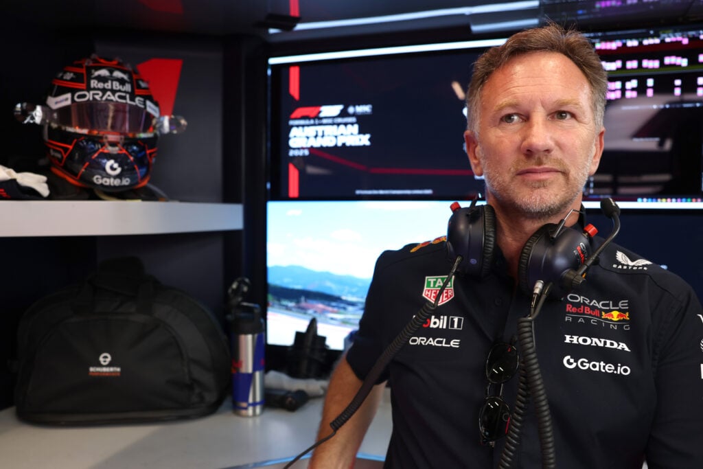 Red Bull team principal Christian Horner in the garage at the 2025 Formula 1 Austrian Grand Prix