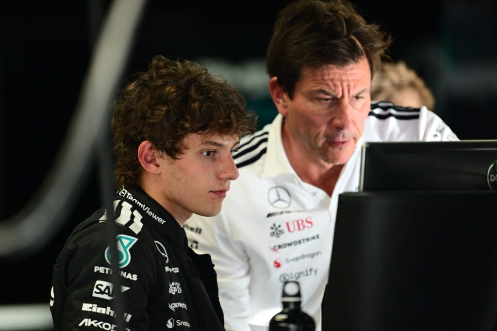 Kimi Antonelli of Mercedes talks to Toto Wolff at the 2025 Italian Grand Prix
