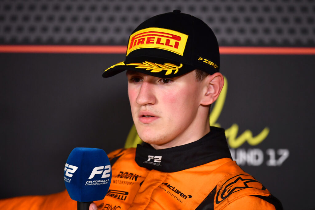 Formula 2 driver Alex Dunne pictured at a press conference at the 2025 Azerbaijan Grand Prix
