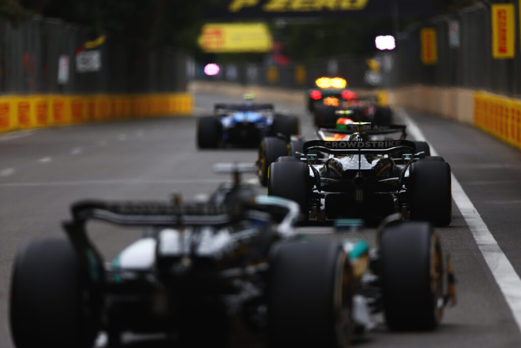 Mercedes driver George Russell in a train of cars during the 2025 F1 Azerbaijan Grand Prix