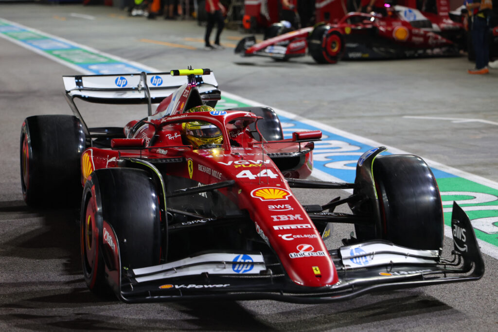 Ferrari driver Lewis Hamilton leaves his garage during qualifying for the 2025 F1 Singapore Grand Prix