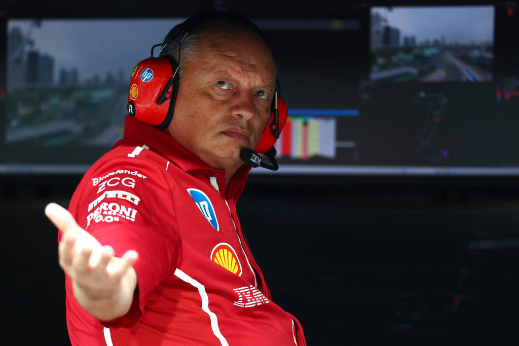 Ferrari team principal Fred Vasseur looks to the sky from the pit wall during practice for the 2025 F1 Singapore Grand Prix