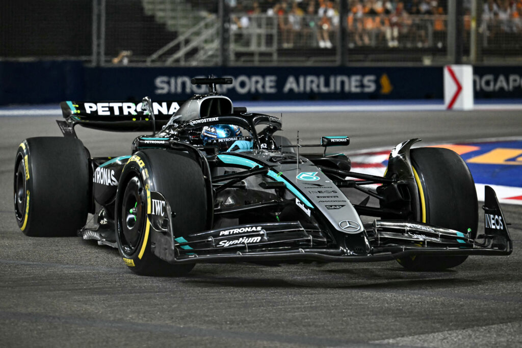 Mercedes driver George Russell on track during his 2025 F1 Singapore Grand Prix victory