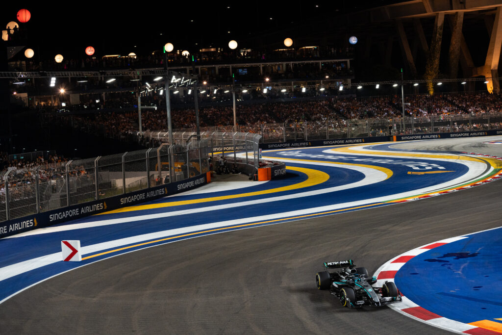 Mercedes driver George Russell on track during his 2025 F1 Singapore Grand Prix victory