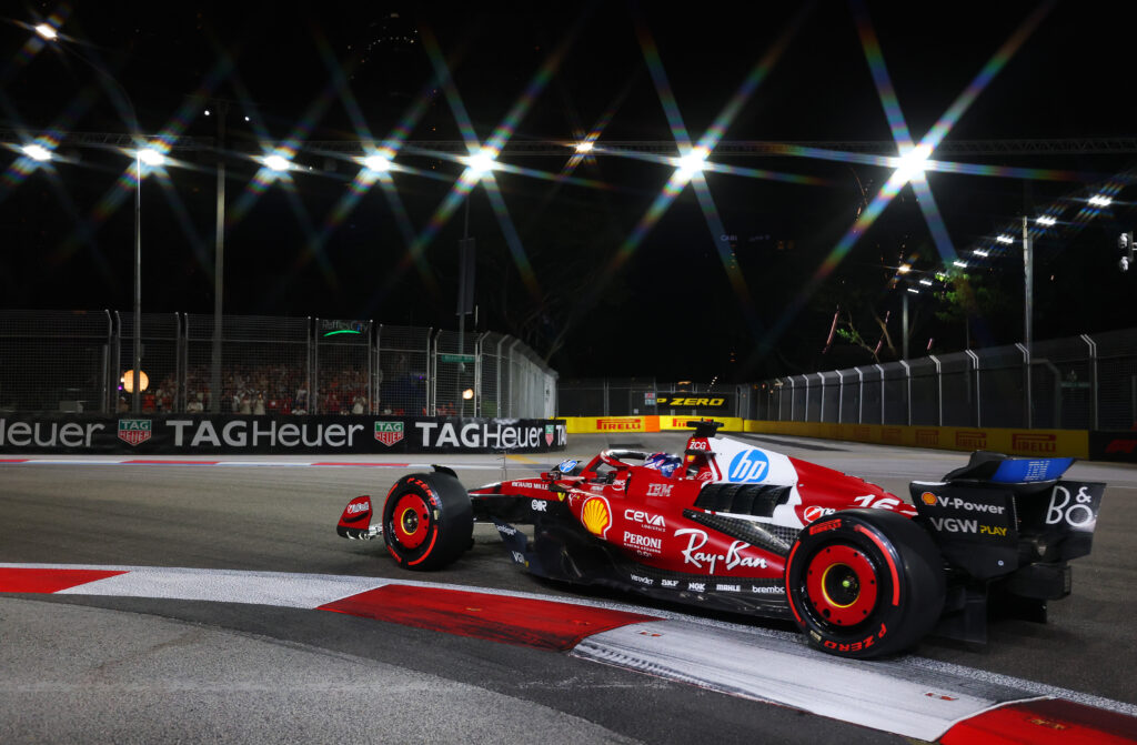 Ferrari driver Charles Leclerc on track during qualifying for the 2025 F1 Singapore Grand Prix
