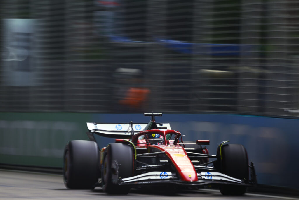 Ferrari driver Charles Leclerc on track during qualifying for the 2025 F1 Singapore Grand Prix