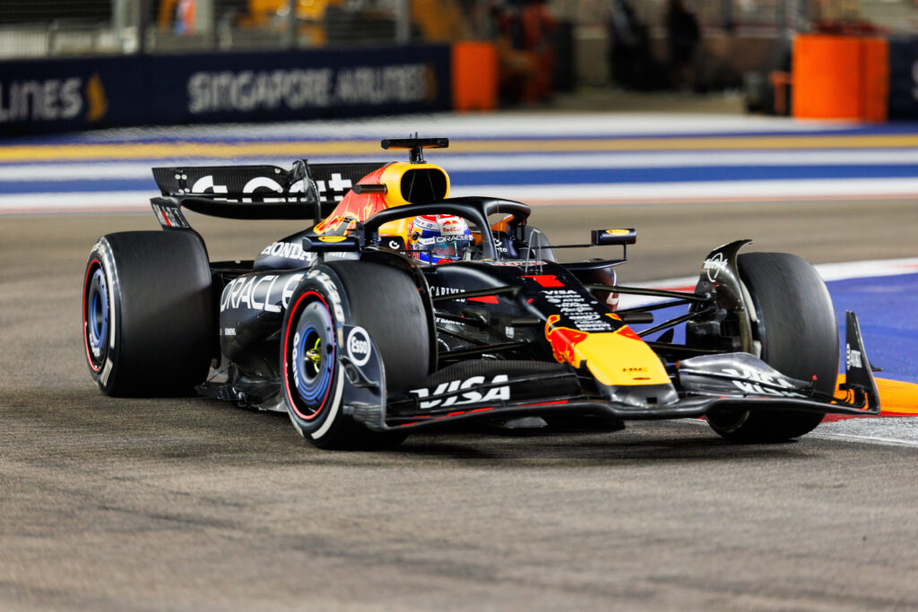 Red Bull Racing driver Max Verstappen racing at the 2025 Formula 1 Singapore Grand Prix