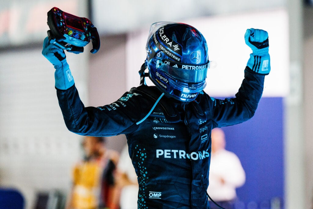 Mercedes driver George Russell celebrating after winning the 2025 Formula 1 Singapore Grand Prix