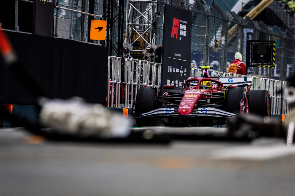 Ferrari driver Lewis Hamilton drives down the pit lane during FP3 for the 2025 F1 Singapore Grand Prix