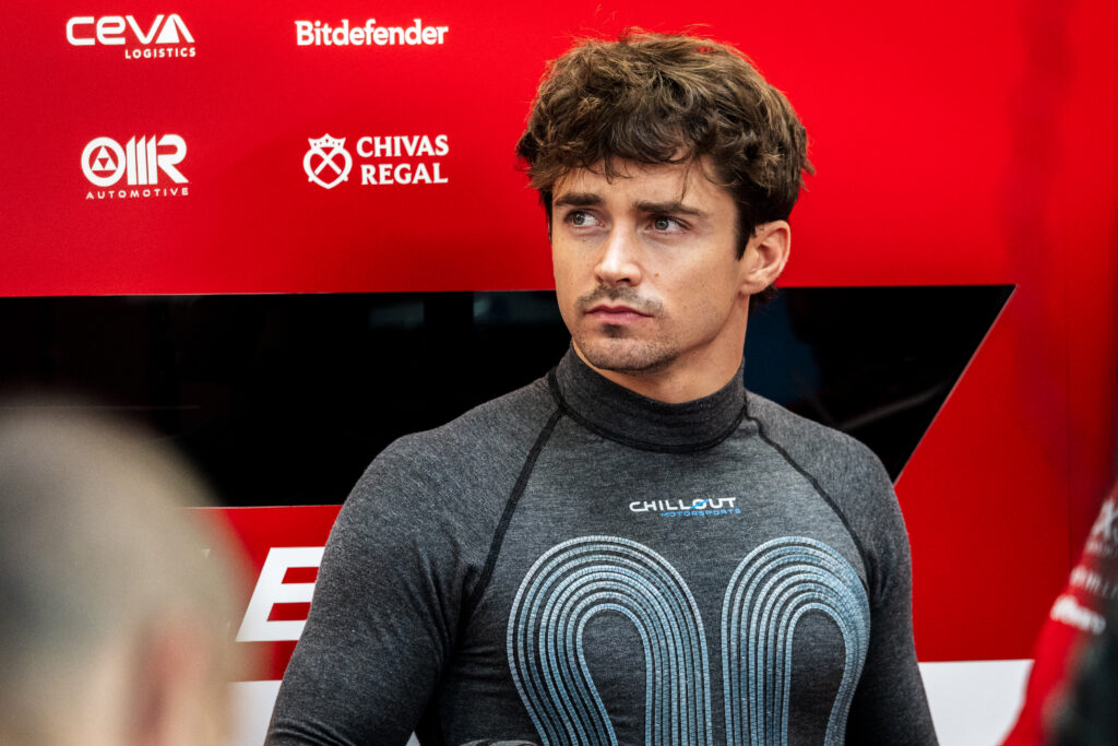 Ferrari driver Charles Leclerc in the garage during the 2025 Formula 1 Singapore Grand Prix