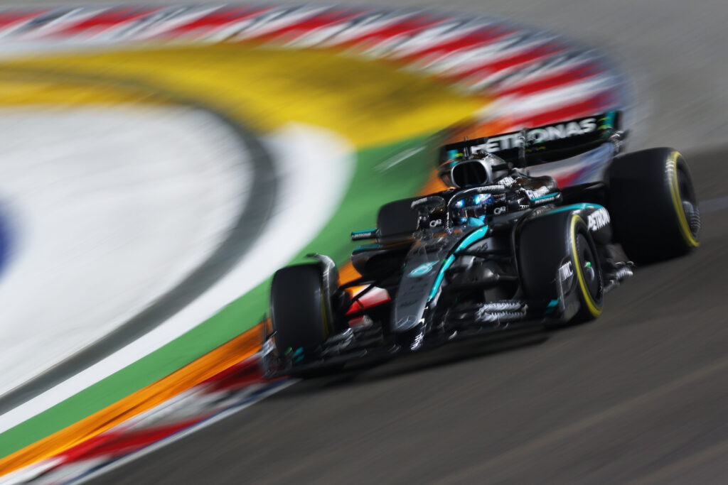 George Russell drives his Mercedes W16 F1 car during the 2025 Singapore Grand Prix