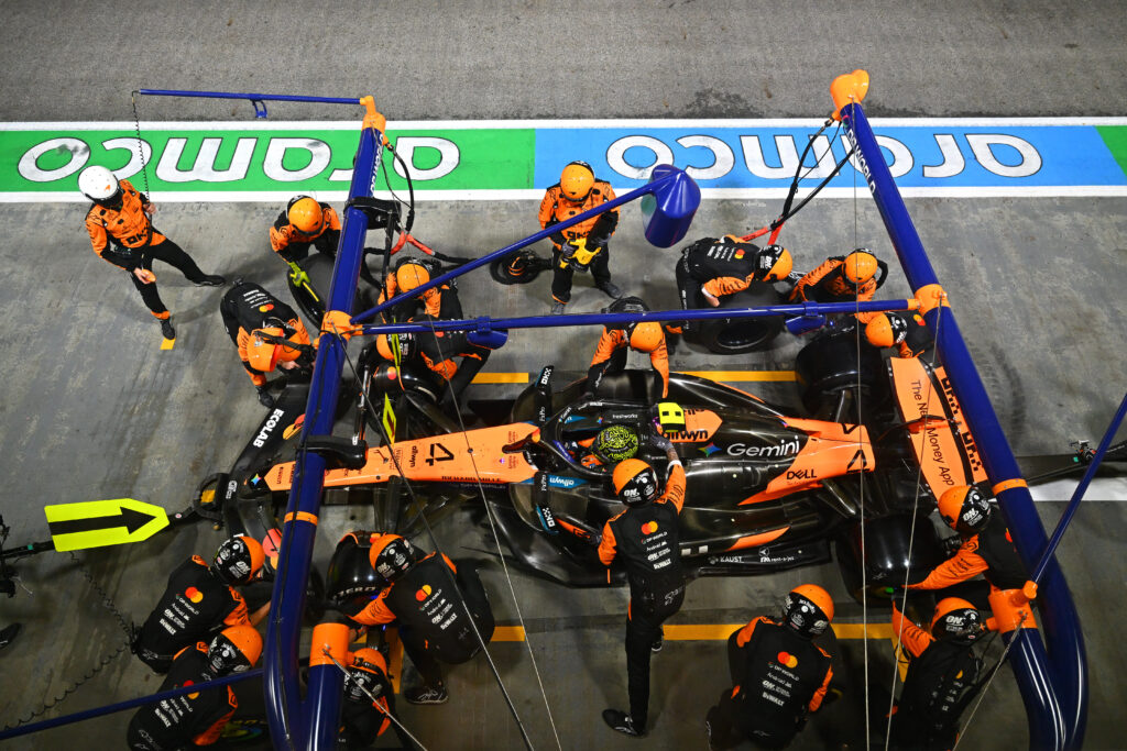 McLaren driver Lando Norris makes a pit stop during the 2025 F1 Singapore Grand Prix