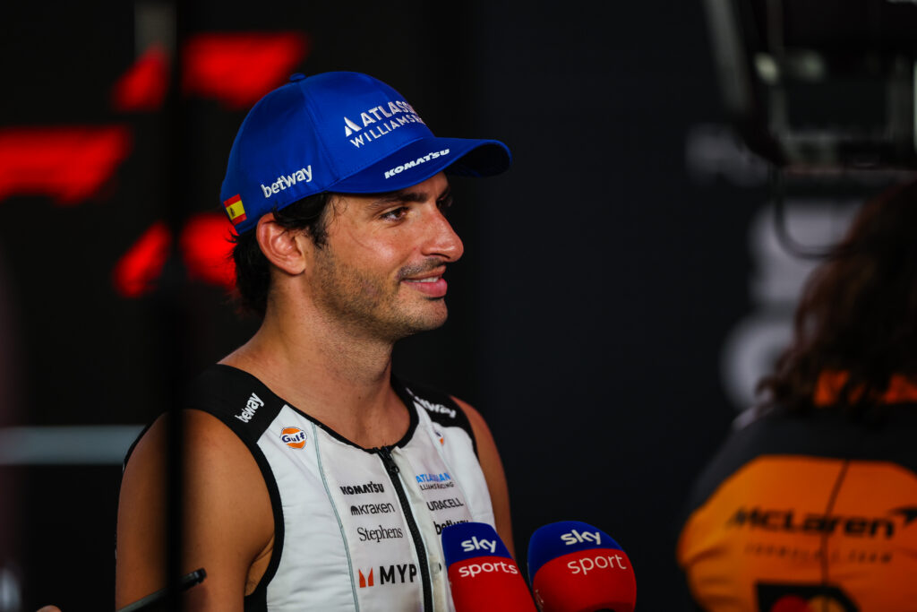 Williams driver Carlos Sainz speaking to the media at the 2025 Formula 1 Singapore Grand Prix
