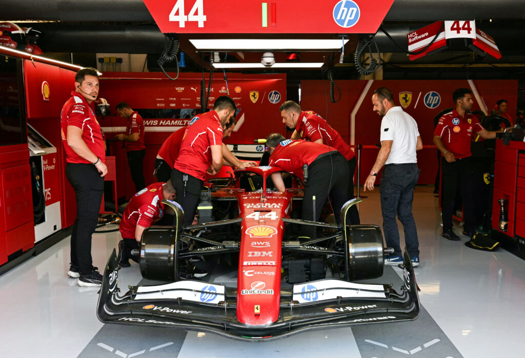 Ferrari technicians working on Lewis Hamilton's car at the 2025 Formula 1 United States Grand Prix