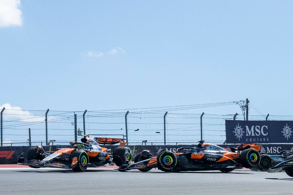 McLaren driver Oscar Piastri crashes into teammate Lando Norris at the start of the COTA Sprint at the 2025 F1 United States Grand Prix