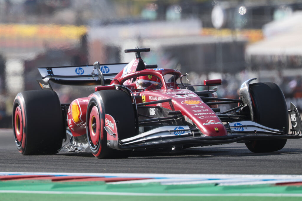 Ferrari driver Charles Leclerc racing at the 2025 Formula 1 United States Grand Prix
