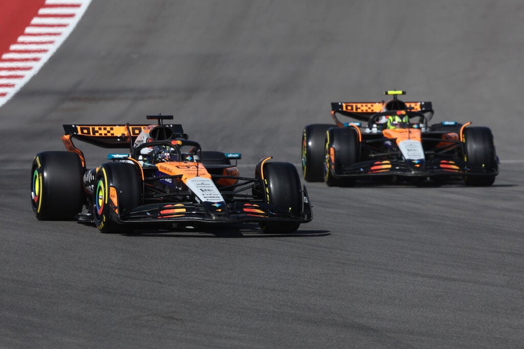 McLaren drivers Oscar Piastri and Lando Norris on track at the 2025 Formula 1 United States Grand Prix
