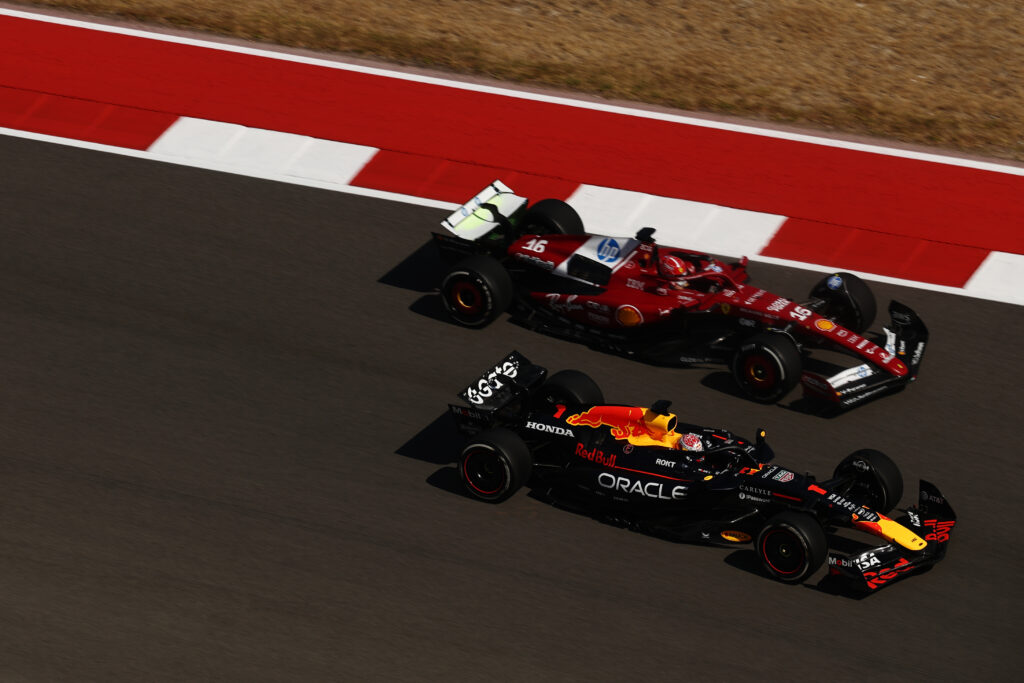 Red Bull driver Max Verstappen racing Ferrari driver Charles Leclerc on the opening lap of the 2025 Formula 1 United States Grand Prix