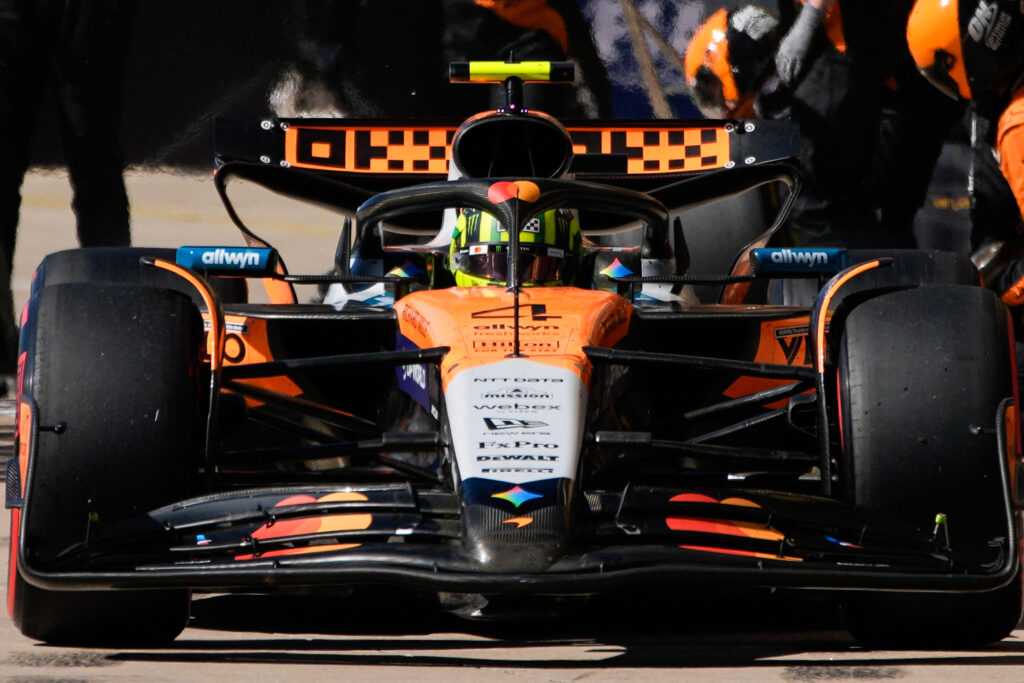 Lando Norris pulls out of his McLaren pit box during the 2025 United States Grand Prix