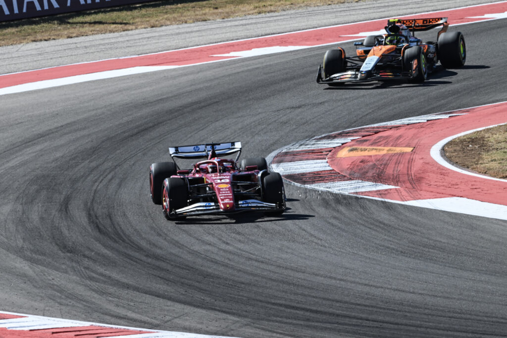 Ferrari driver Charles Leclerc leading McLaren driver Lando Norris during the 2025 Formula 1 United States Grand Prix