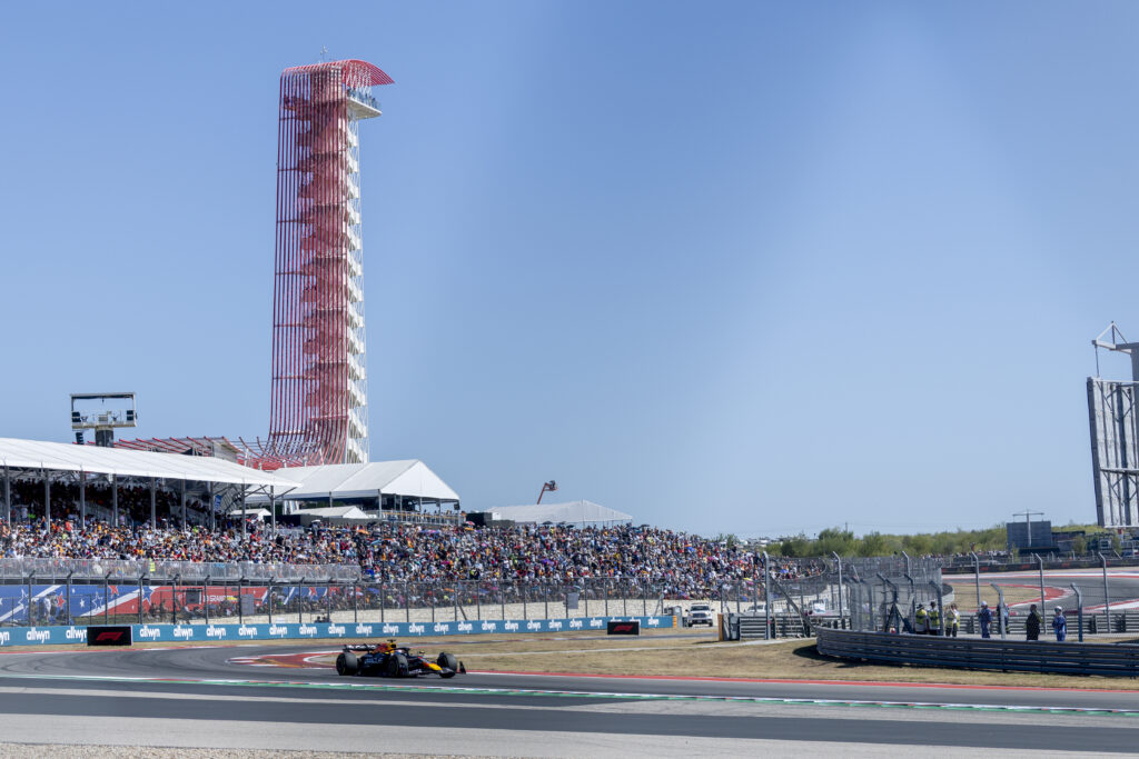 A wide shot of Red Bull driver Max Verstappen racing at the 2025 Formula 1 United States Grand Prix