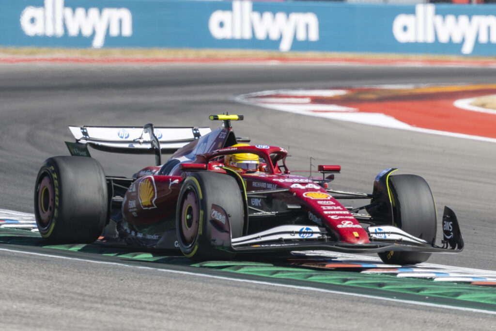 Ferrari driver Lewis Hamilton racing at the 2025 Formula 1 United States Grand Prix