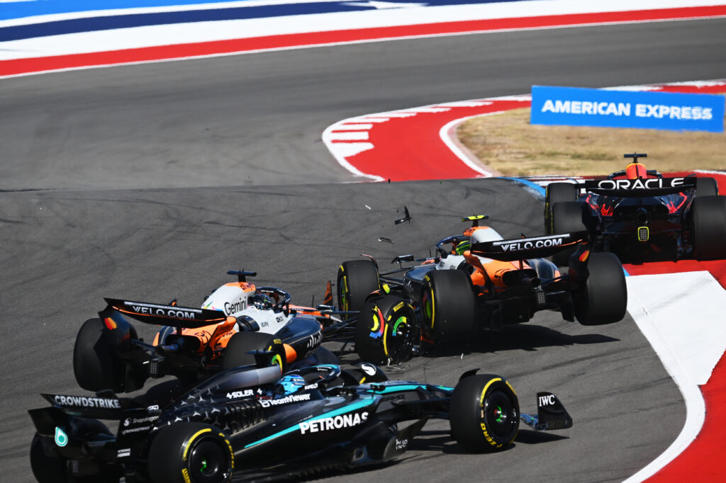 McLaren driver Oscar Piastri crashes into teammate Lando Norris at the start of the COTA Sprint at the 2025 F1 United States Grand Prix