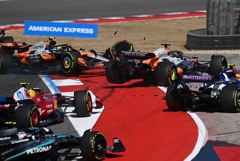 McLaren drivers Oscar Piastri and Lando Norris crash at Turn 1 during the COTA Sprint at the 2025 F1 United States Grand Prix