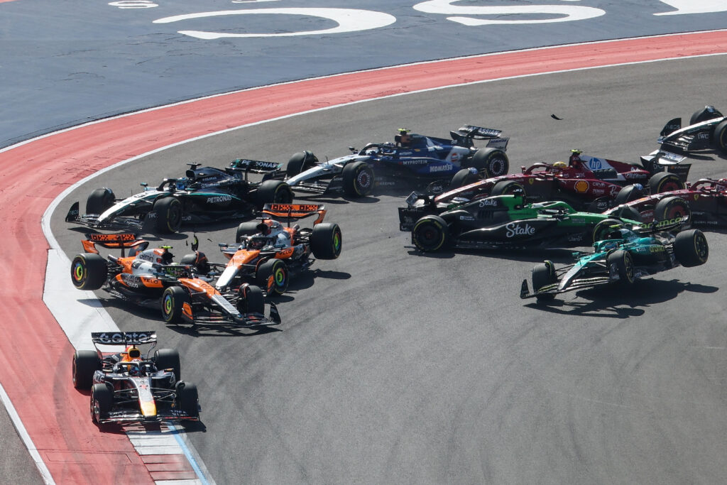 McLaren driver Oscar Piastri crashes into teammate Lando Norris at the start of the COTA Sprint at the 2025 F1 United States Grand Prix
