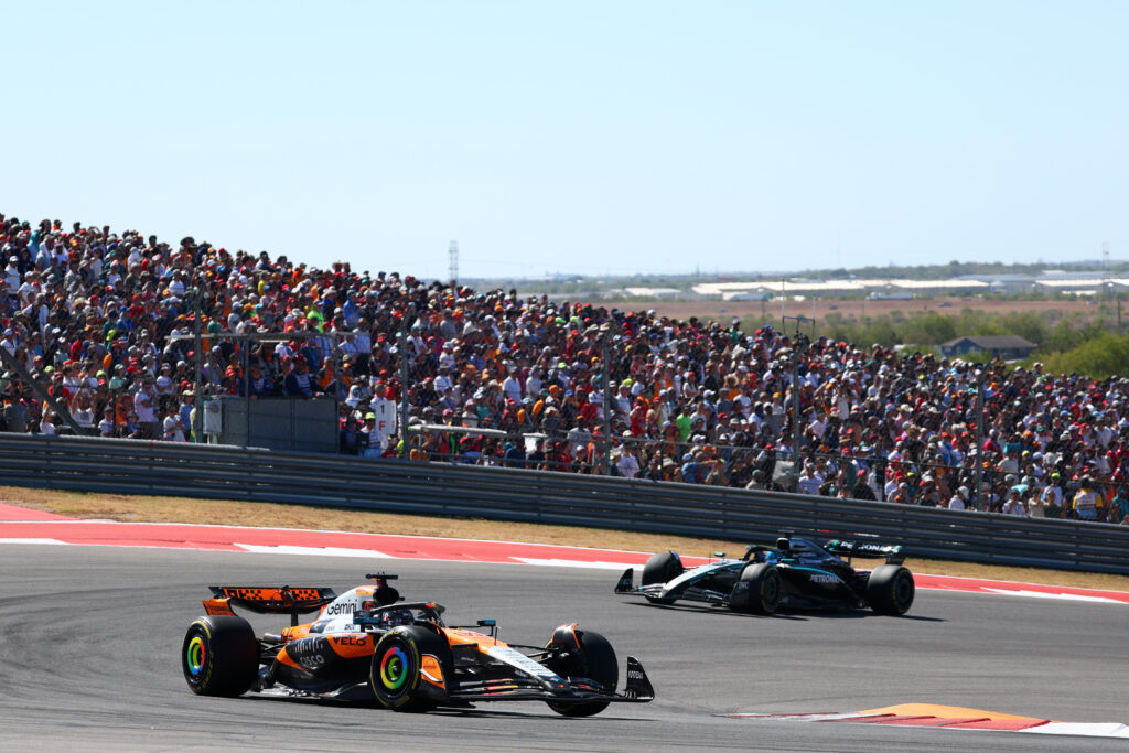 McLaren driver Oscar Piastri leading Mercedes driver George Russell at the 2025 Formula 1 United States Grand Prix