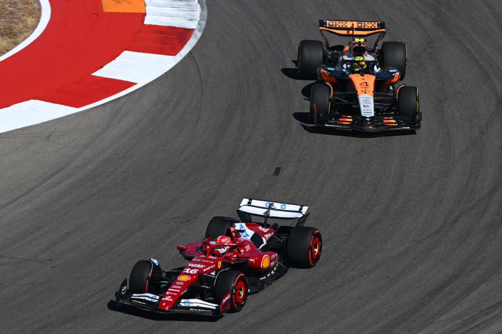 Charles Leclerc of Ferrari races McLaren driver Lando Norris during the 2025 United States Grand Prix