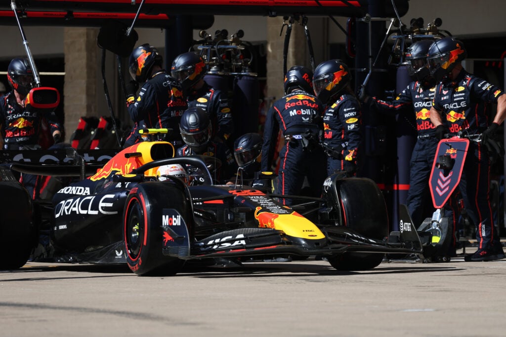 Yuki Tsunoda leaving the pit lane after completing a pit stop with the Red Bull team at the 2025 Formula 1 United States Grand Prix