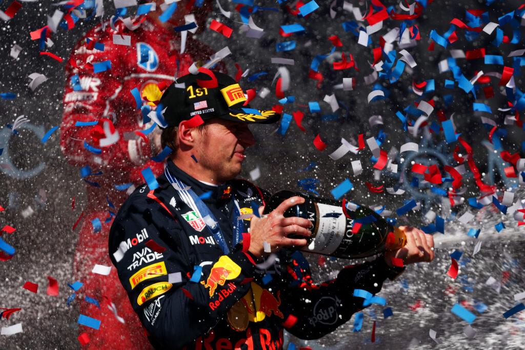 Red Bull driver Max Verstappen spraying champage after winning the 2025 Formula 1 United States Grand Prix