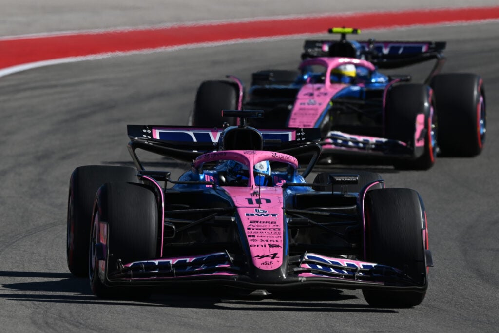 Alpine driver Pierre Gasly leads teammate Franco Colapinto on track during the 2025 F1 United States Grand Prix