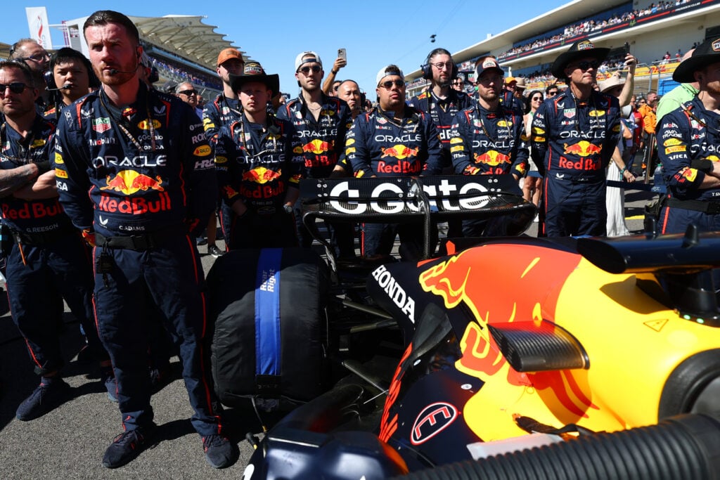 The Red Bull engineers pictured around Max Verstappen's F1 car on the grid before the 2025 United States Grand Prix