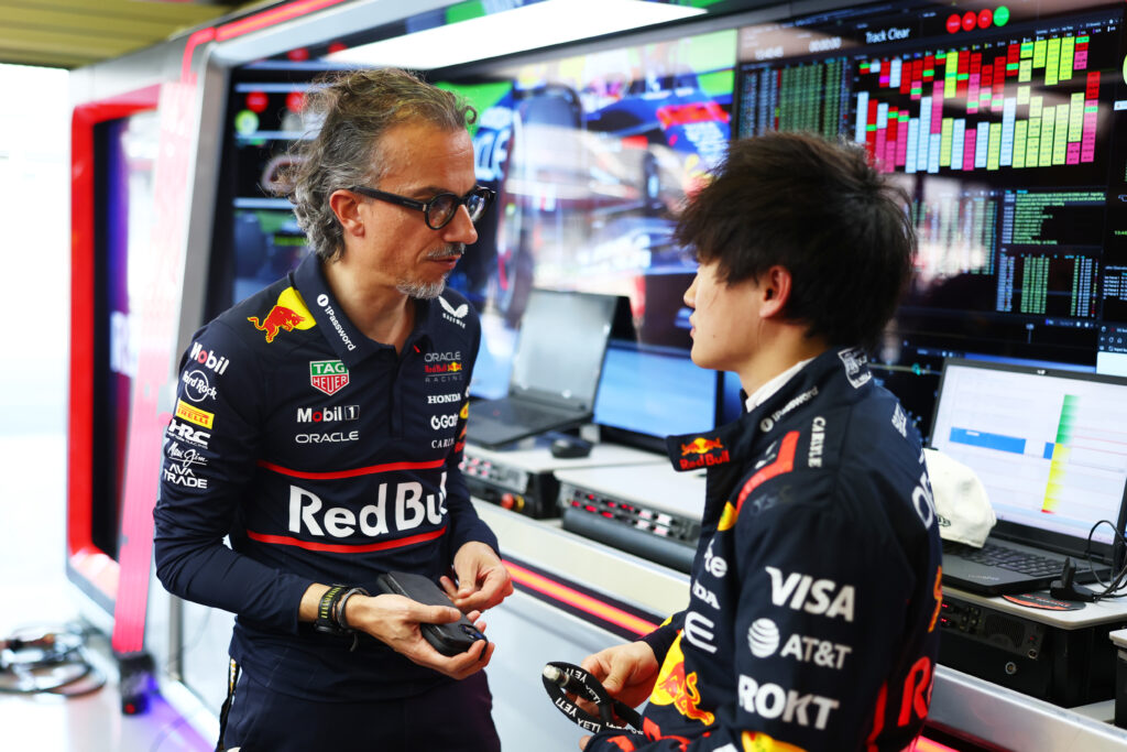 Red Bull team principal Laurent Mekies speaking to driver Yuki Tsunoda at the 2025 Formula 1 Mexico City Grand Prix