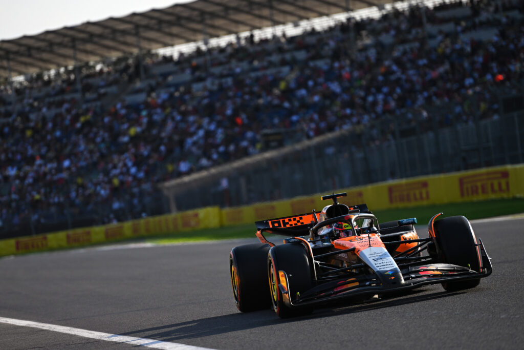 Oscar Piastri drives his McLaren past the grandstands during Mexico Grand Prix FP1