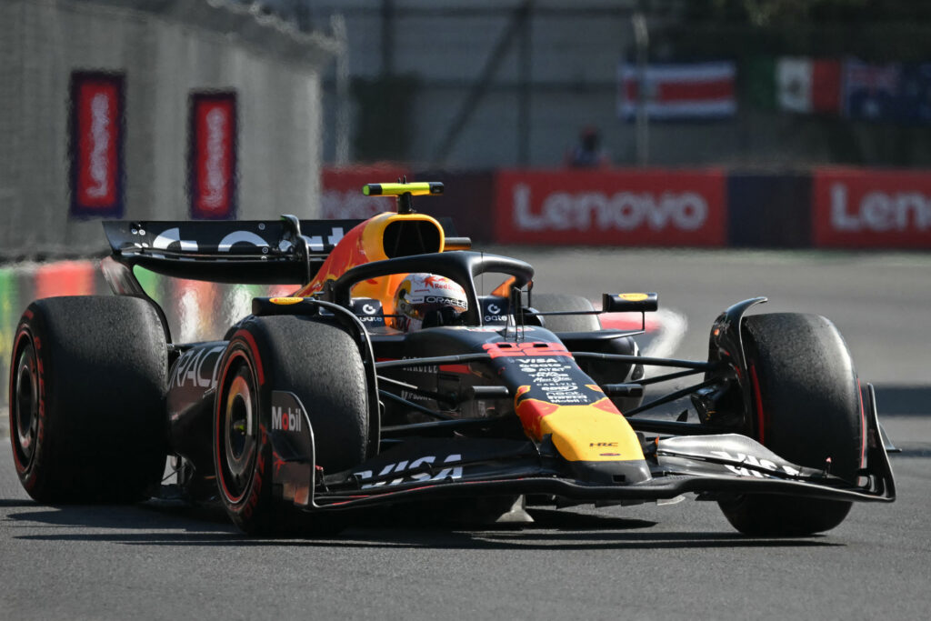 Red Bull driver Yuki Tsunoda racing at the 2025 Formula 1 Mexico City Grand Prix