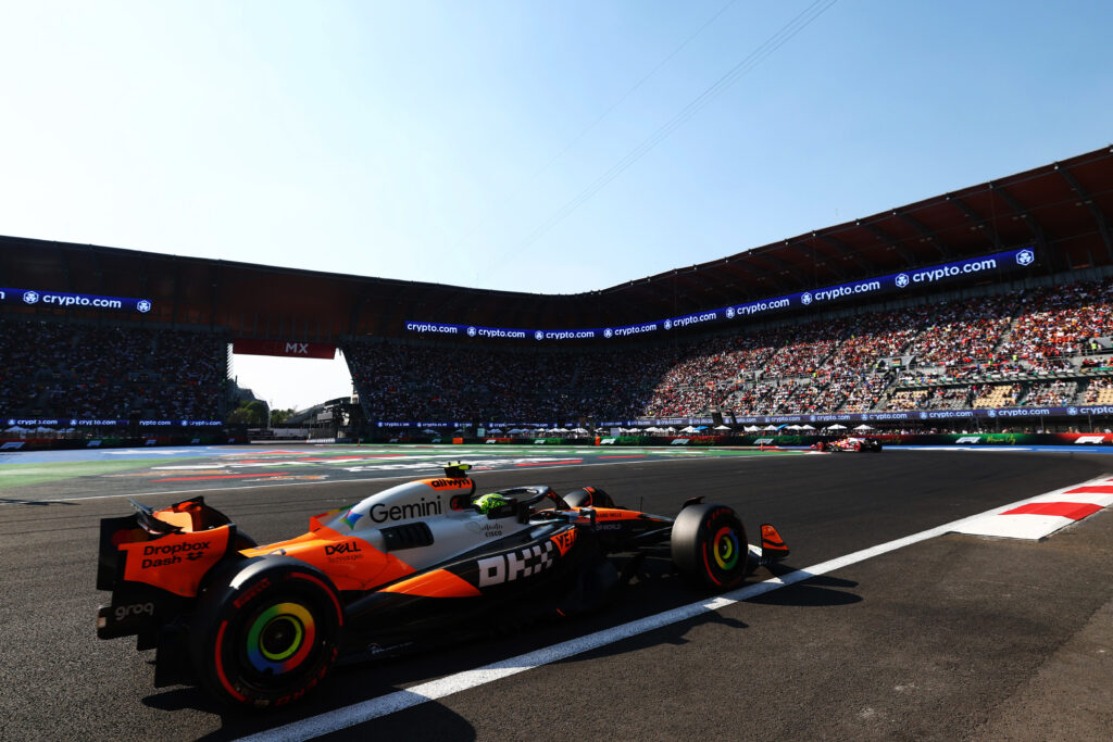 Lando Norris' McLaren drives through the stadium section of the Autodromo Hermanos Rodriguez during qualifying for the Mexican Grand Prix