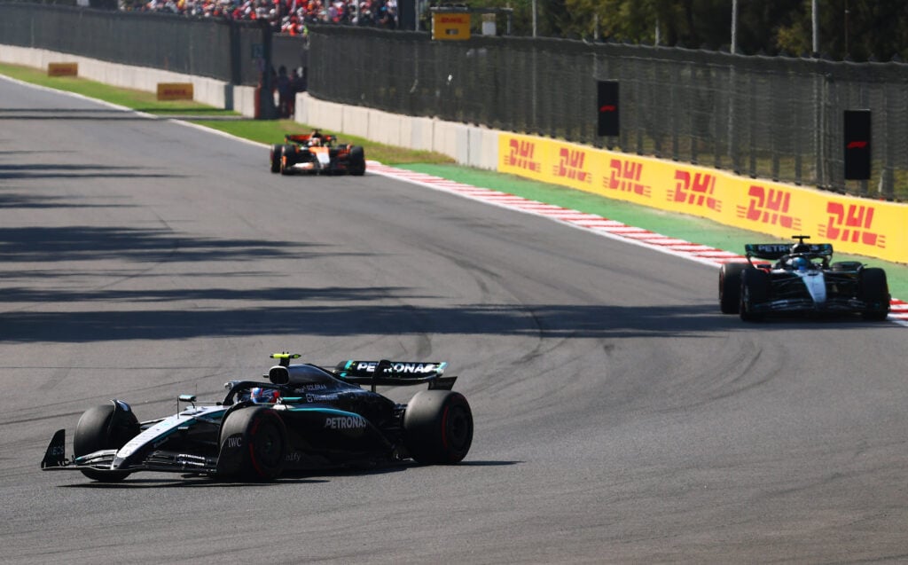 Oscar Piastri chasing Kimi Antonelli and George Russell during the 2025 Mexico City Grand Prix.