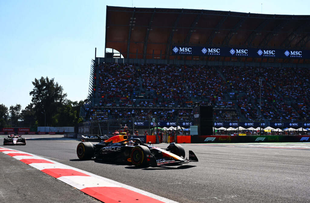 Red Bull driver Yuki Tsunoda entering the stadium section of the circuit at the 2025 Formula 1 Mexico City Grand Prix