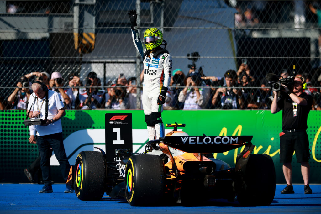 McLaren driver Lando Norris celebrates after winning the 2025 F1 Mexico City Grand Prix podium